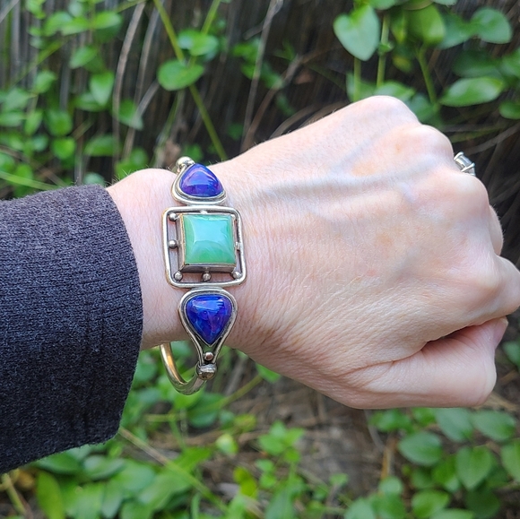 Vintage Silver Lapis Lazuli Turquoise Bangle Bracelet - Picture 7 of 7